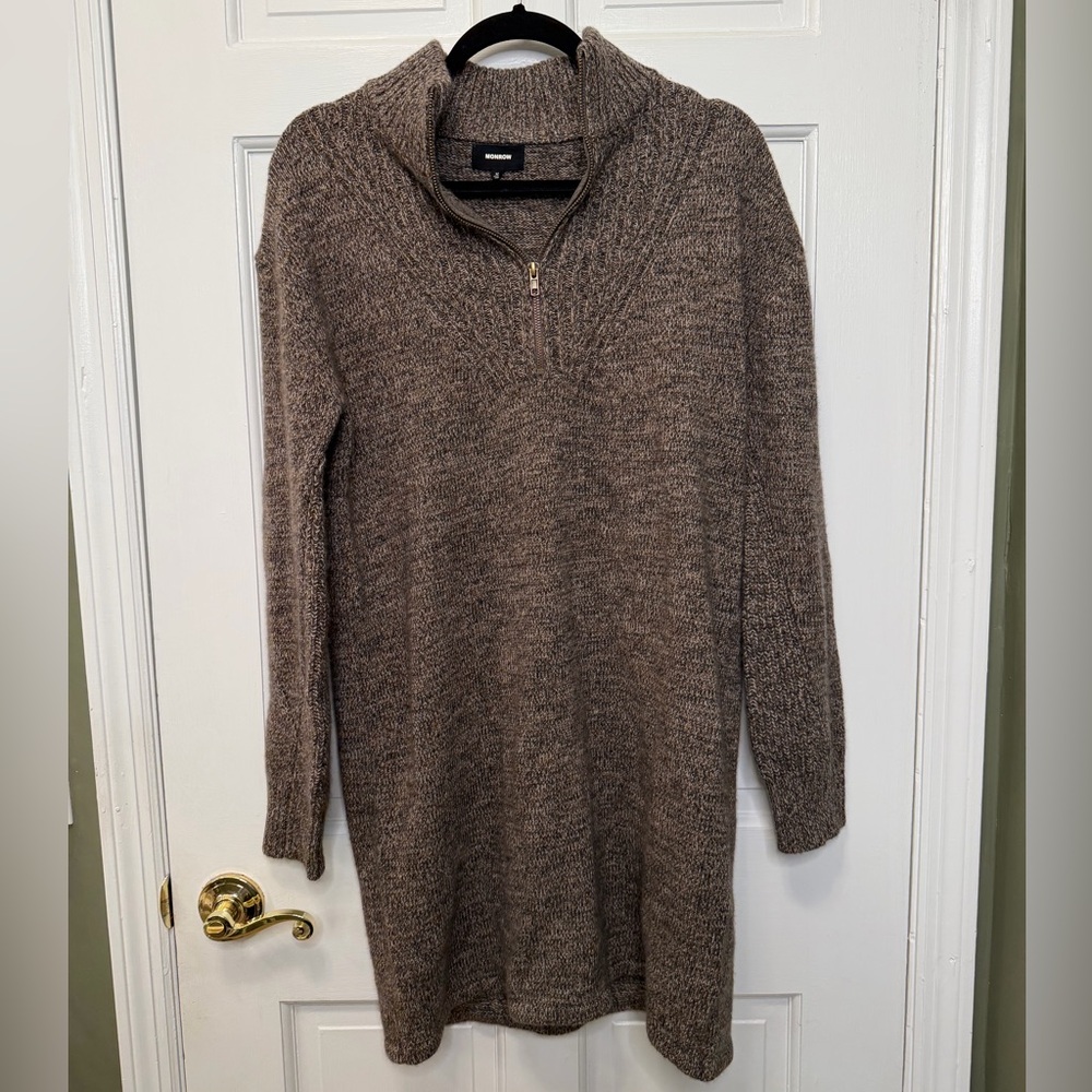 Monrow Wool‎ Cashmere Sweater Dress Brown Mock Neck Zip Knit Size Medium